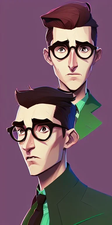 Fit man in round glasses, wavy hair, stubble,no beard, slim, tie, monotone, green eyes, comic book style, two tone colours, detailed, ink, realistic, handsome, square jaw, big brows, no jacket, bird on the shoulder, spotlight