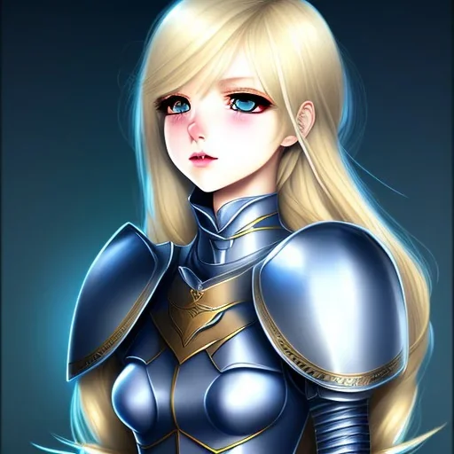 blond anime girl with dark blue eyes, wearing armor, full body view