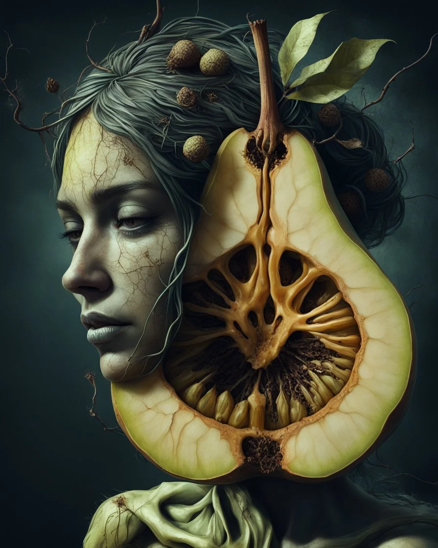 Grunge, woman as a decaying dried out Pear intricately showing its internal structure and seeds, cyberpunk, ultra unique natural textures, slight imperfections, vray.