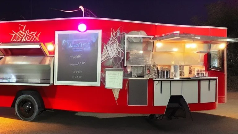 modern looking food truck that has a bunch of flashy lights and fireworks