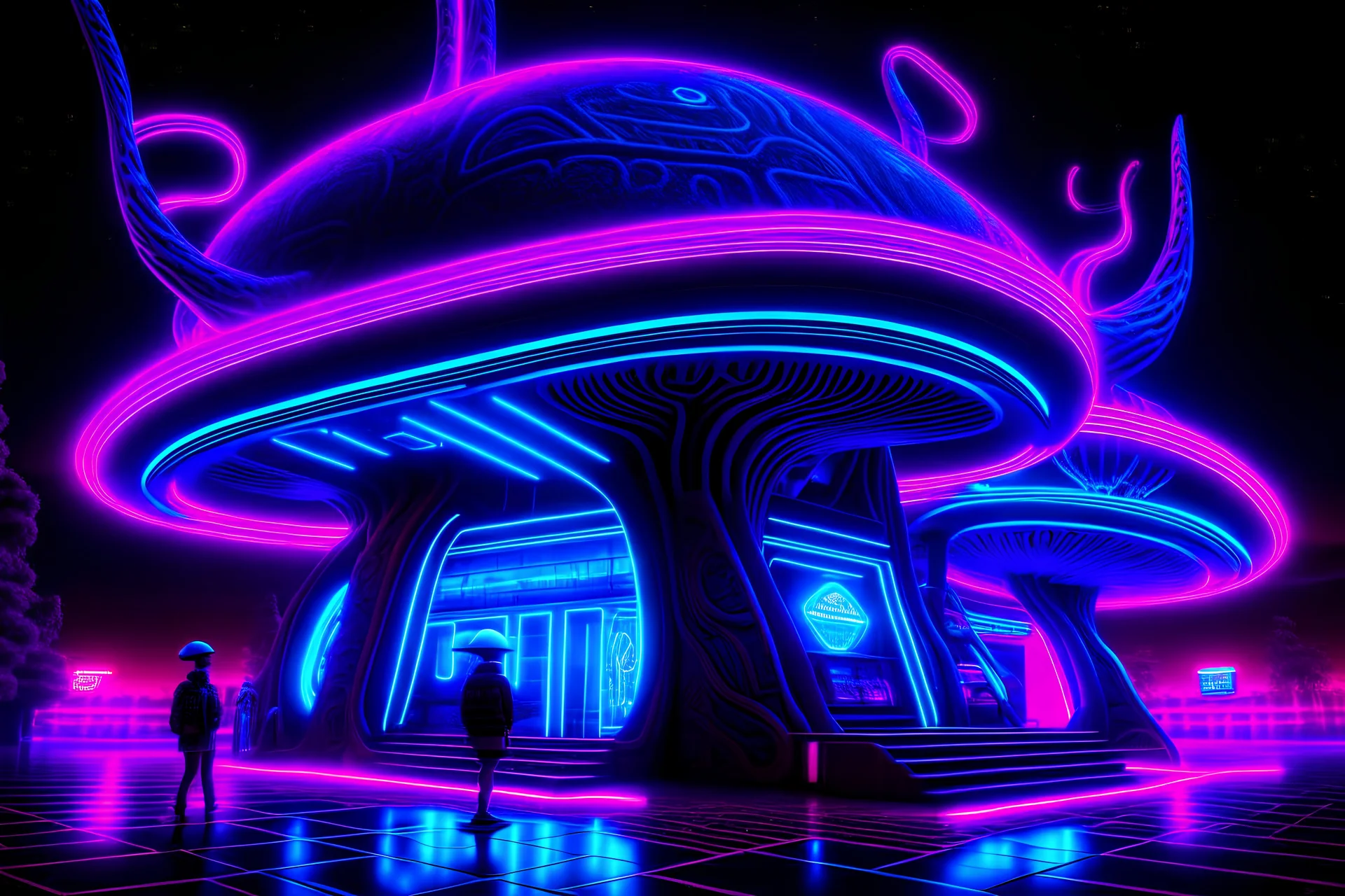 sets darkened yet glowing with architectural neon lighting installed at the structure's seams. lovable alien creature from a distant galaxy plus an all star cast of Americans. mid century scifi wifi deep outer space adventures fantasy futuristic goofy fun photo accurate comedic parody caricarture stylized . neon hued.