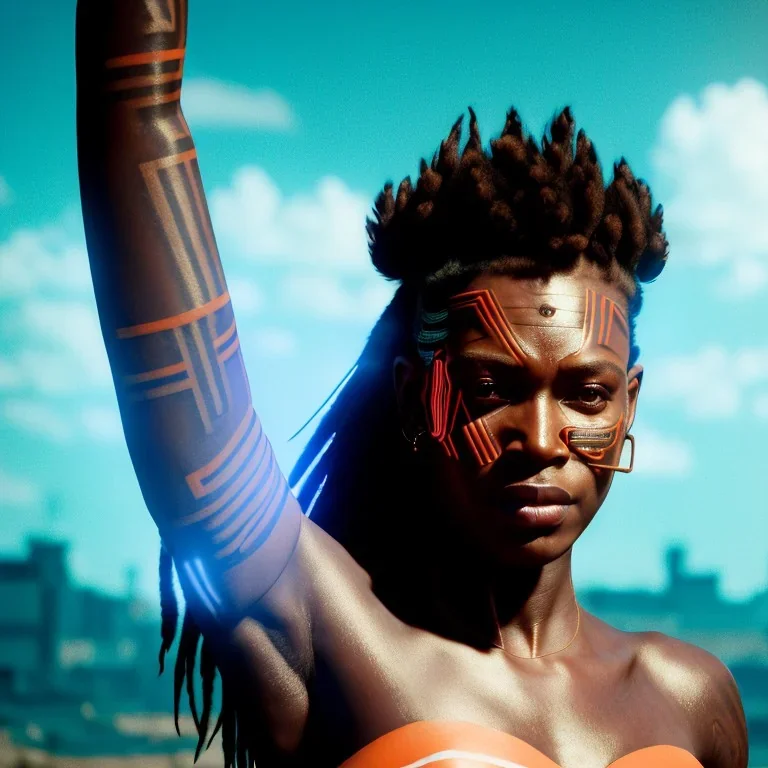 A beautiful portrait of a cyberpunk cyborg black tribal woman with lot's of grain on her skin and big tribal tatoos all over the skin, with natural hair floating in the wind cyborg smiling facing camera orange color scheme, high key lighting, volumetric light high details with white stripes and feathers unreal 5, octane render, cinema4d, dynamic lighting, dramatic lighting, 4k, redshift render, highly detailed, hyper realistic