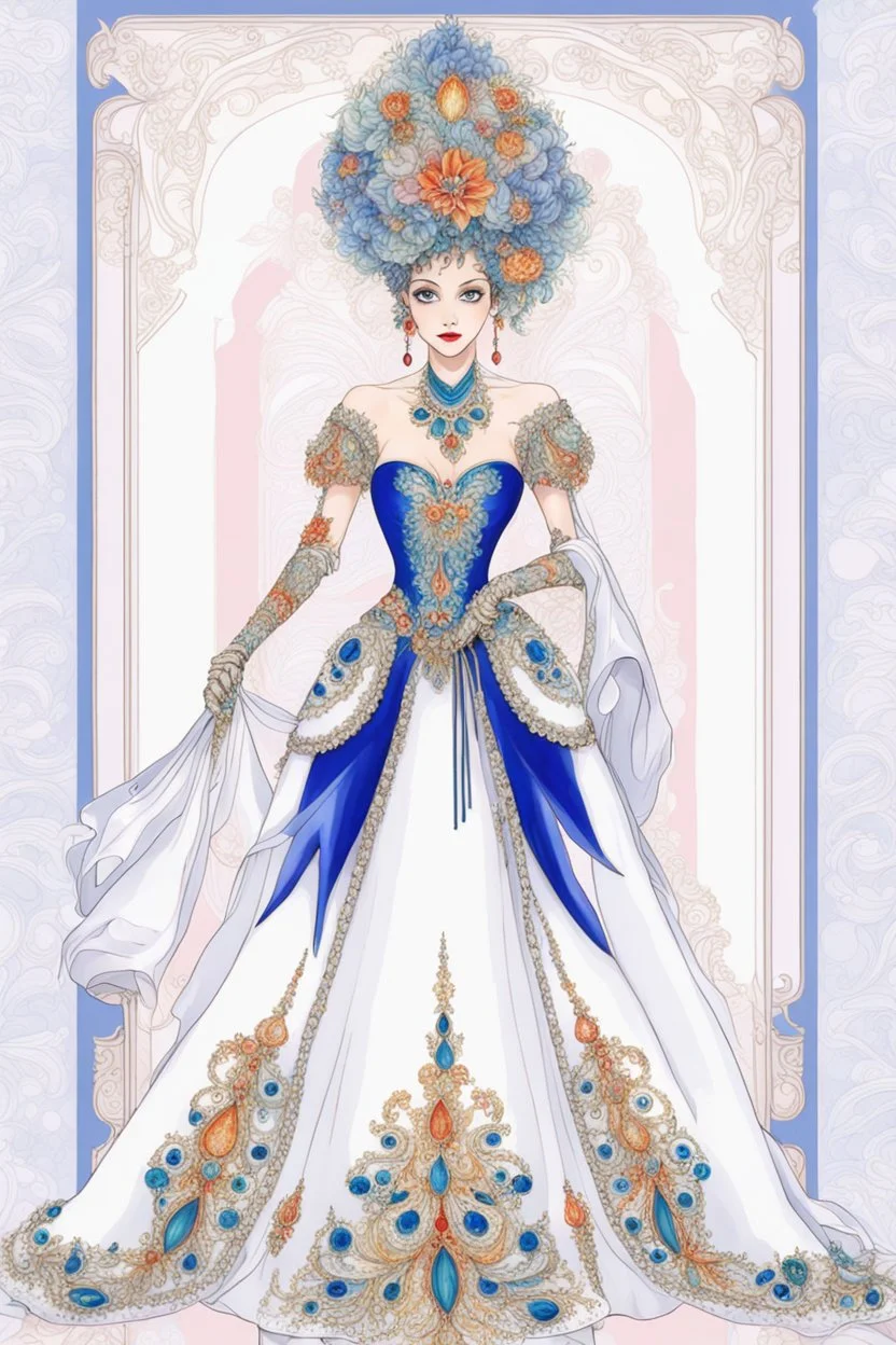 A flamboyant wedding dress by artist "Luminous Lapislazuli",by artist "Vibrant Velvet"