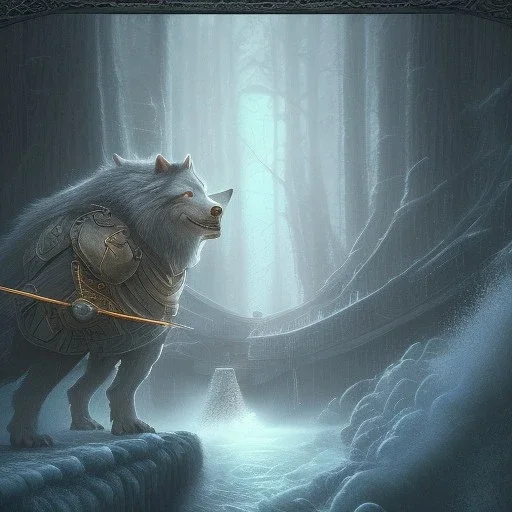 fantasy art, book cover, big mad wizard in front of the ebony stairs, a bridge or dam ,icy water, on the bridge is a big hairy mad wolf