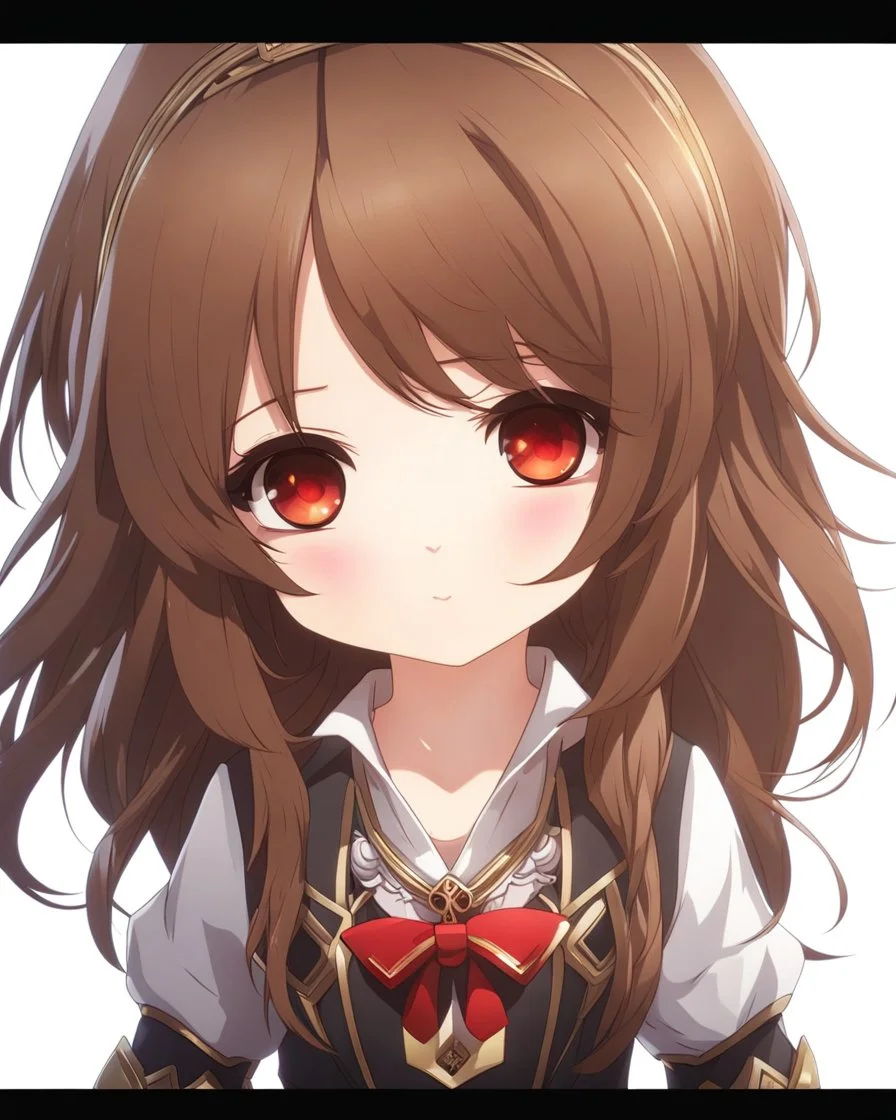 headshot of a chibi girl with long brown hair, red eyes, cute, childlike, intricately detailed, masterpiece, anime, 4k