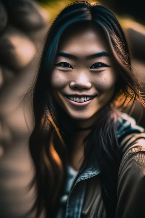 portrait of an asian girl smiling, outdoors, dslr camera, cinematic photography, epic angle, dark colour tone