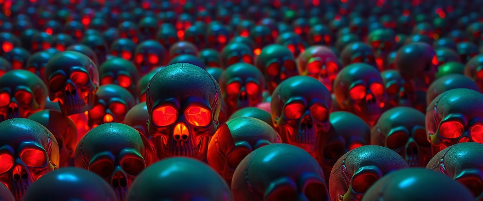 a field of 1000s of psychedelic psilocybin induced anatomically correct, skulls, vivid RANDOM BRIGHT neon colors, dark comedy, well lit, high detail, photorealistic, horrorcore, fun, scary, none featured, each a different color or hue,
