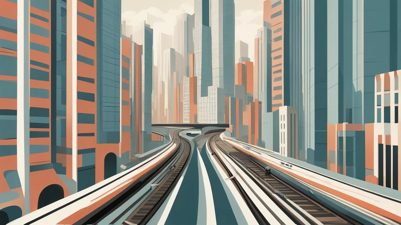 In this Italian Futurism-inspired cityscape, a train track cuts through the bustling urban landscape, symbolizing progress and movement. The track weaves its way between towering buildings with sleek, modern architecture, reflecting the avant-garde style of the early 20th-century art movement. A sleek, aerodynamic carriage speeds along the track, embodying speed and dynamism. The carriage's design is futuristic, with sharp angles and streamlined curves, evoking a sense of energy and innovation.