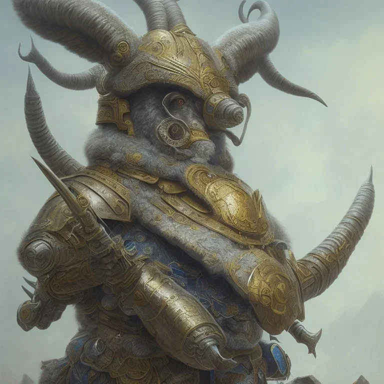 a Big-horn Ram warrior in navy blue and yellow battle armor, a highly detailed illustration, background of Inka jungle, realistic render, 8 k, micro detail, intricate, elegant, centered, digital painting, Artstation, smooth, sharp focus, illustration, artgerm, tomasz alen kopera, peter mohrbacher, donato giancola, joseph christian leyendecker, wlop, boris vallejo