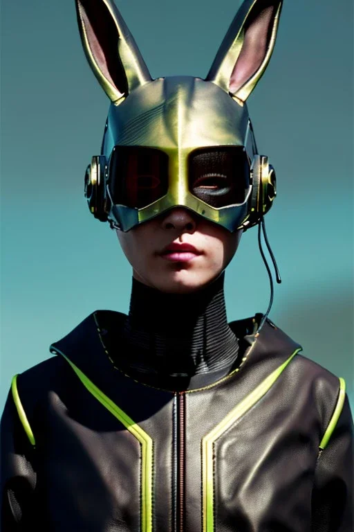 Medium Close Up Portrait, Front image. cyberpunk, rabbit mask, teenager, asian woman, cyber helmet head. Leather dress. Yellow, black, color. Steam punk style. renaissance ornaments, Color background, photo studio. Front image, highly detailed, concept art, smooth, unreal engine 5, ray tracing, RTX, lumen lighting, ultra detail, volumetric lighting, 3d, finely drawn, high definition, high resolution.