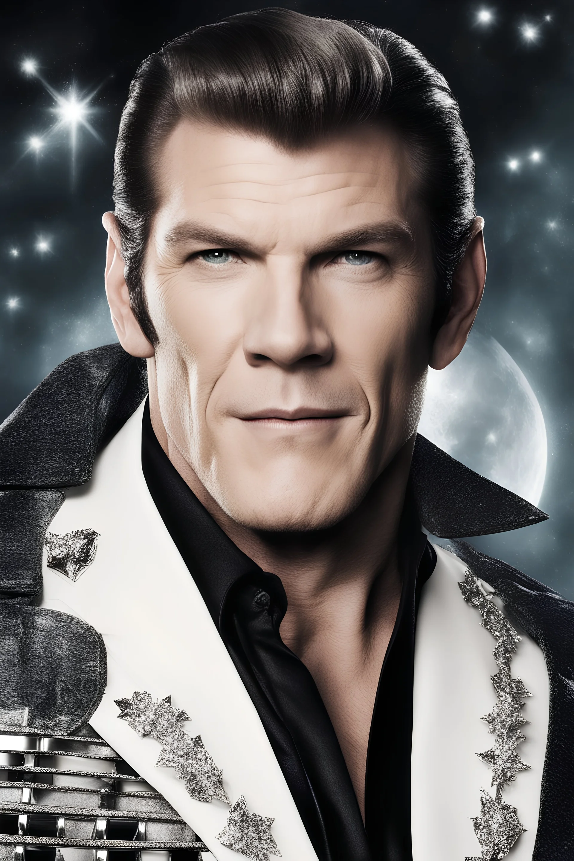 Alan Ritchson/Leonard Nimoy/Paul Stanley/Elvis Presley hybrid as Steven J. Kankels