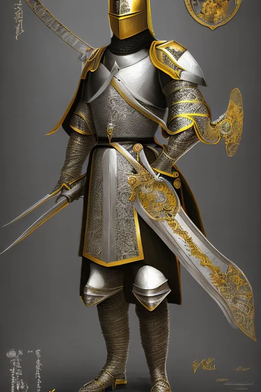 A handsome 30 year old knight, black hair, male bob haircut, in black-and-gold plate armor, golden katana in both hands, no beard, european