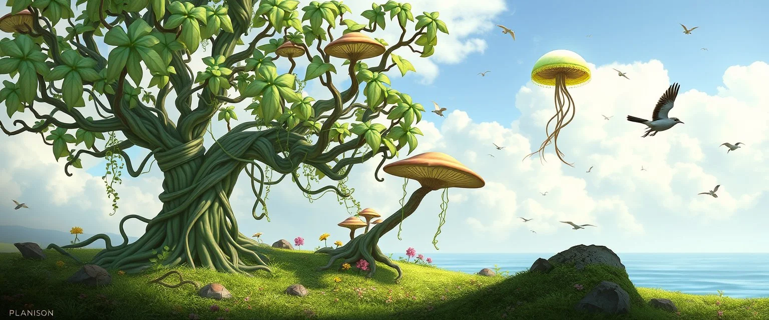 Flora: Ribbonvine Trees: Grow in tangled clusters, with flexible leaves that shimmer and emit calming low-frequency sounds. Lumicaps: Small fungi that glow with different colors depending on the chemical composition of the soil. Fauna: Sky-scallops: Floating jellyfish-like creatures that drift in the atmosphere, feeding on airborne minerals. Tidewalkers: Amphibious, six-legged predators that walk across tidal flats during low tide. Chime-birds: Small winged creatures that mimic the harmoni