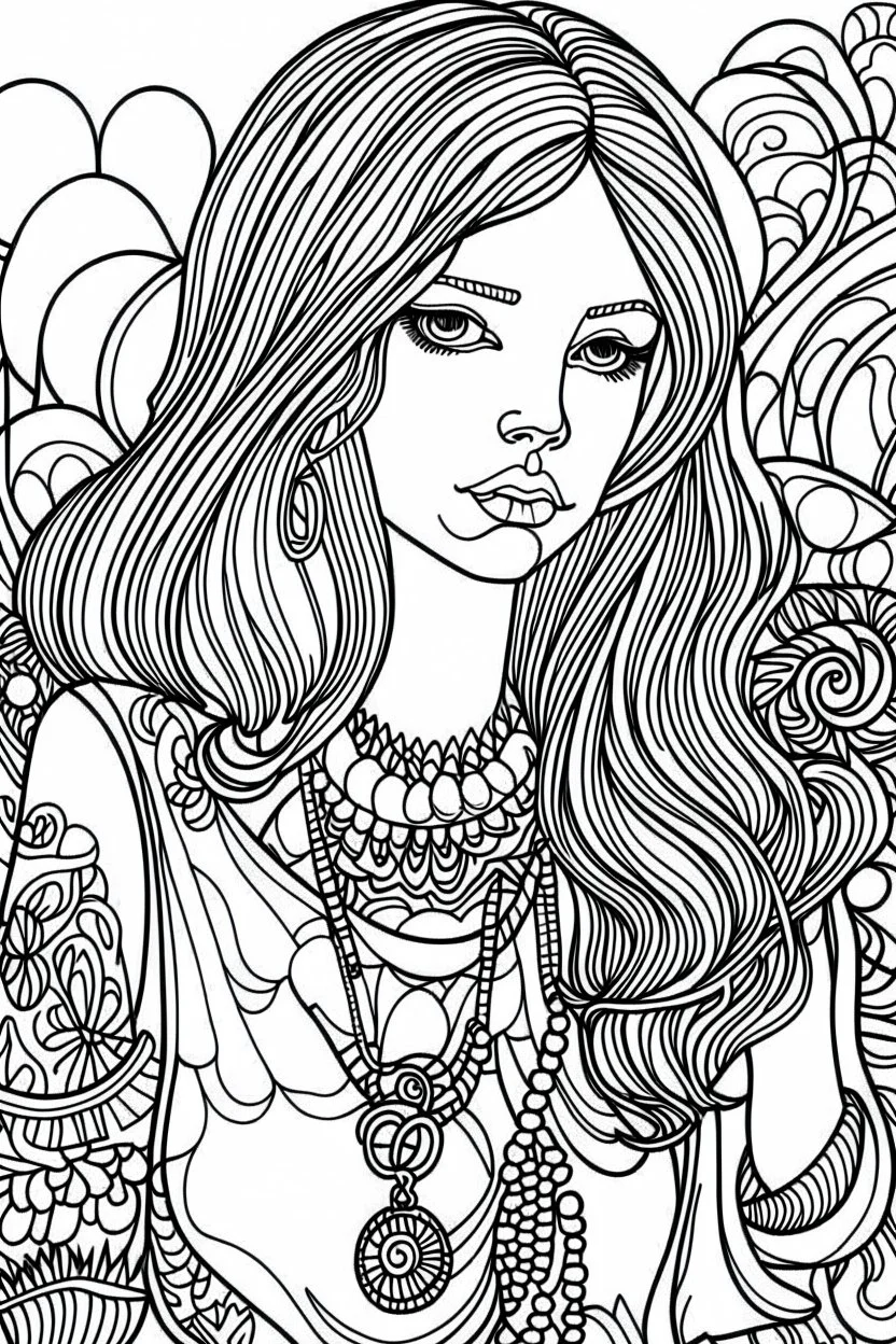 Outline art for coloring page OF 1960'S HIPPIE DESIGNS NO FACES, coloring page, white background, Sketch style, only use outline, clean line art, white background, no shadows, no shading, no color, clear