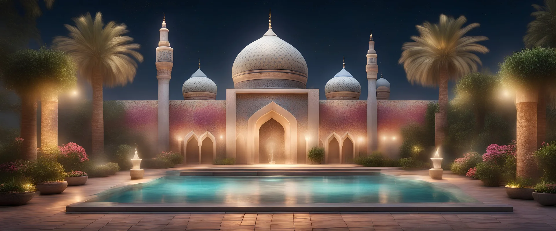 Hyper Realistic Huge multicolor rustic wall textured Mosque with beautiful fountain inside a garden at beautiful night with decorative lights