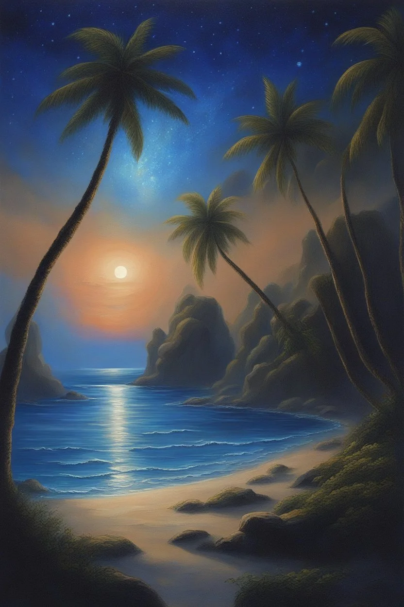 The beach of the island of Leela its waters are full of blue stars illuminated by blue light Oil painting