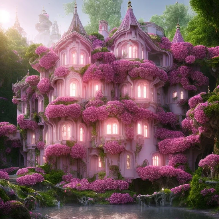 a magical flower bougainvillier fuksia house in the woods, pink vertical, sharp, vines, candlelit, endor, ornate, elegant, highly detailed, artstation, concept art, smooth, sharp focus, illustration, 8k, splash art, wallpaper, key visual