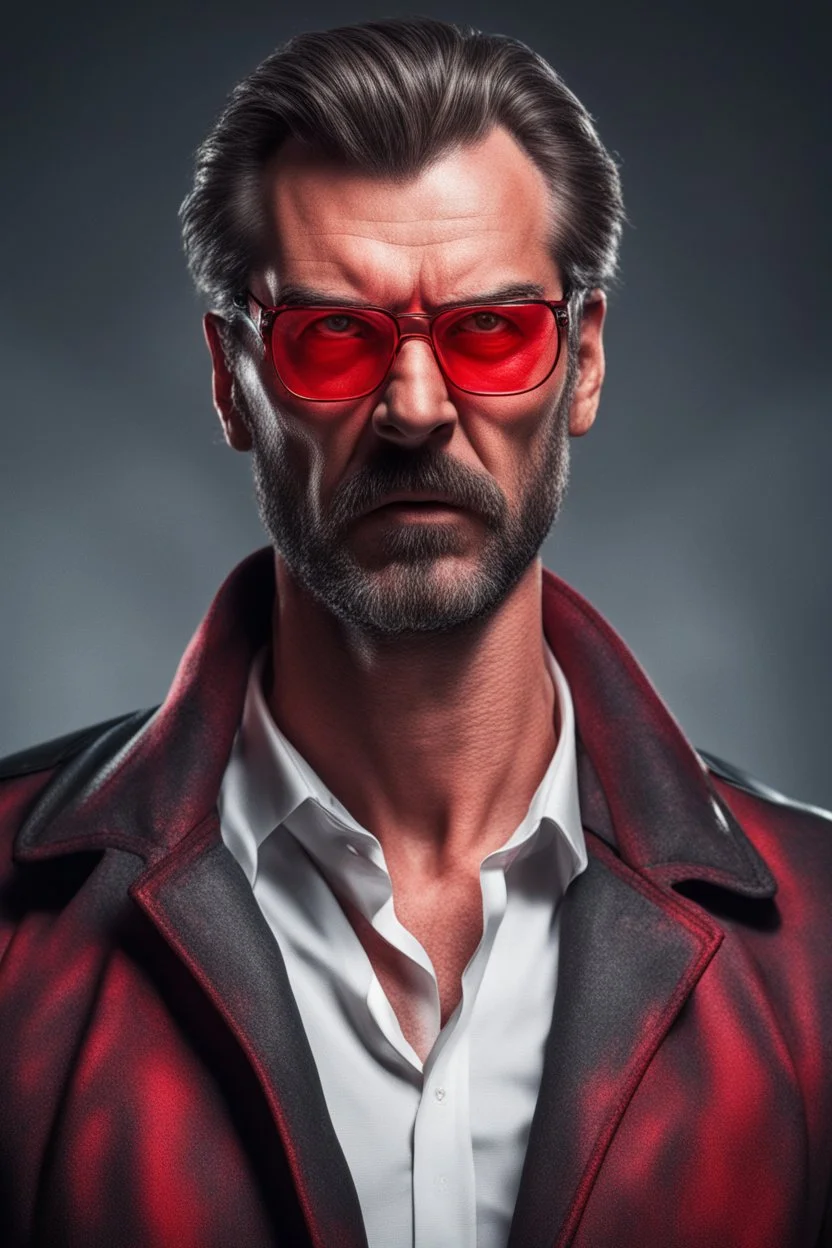 a muscular and angry man who looks like Hans Gruber wearing red glasses