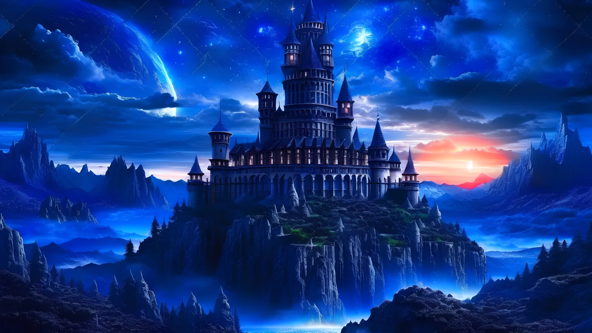 subconscious deep and relax fortress on magic tower , realty mountains, only sky, color is dark black , where you can see , panorama. Background: An otherworldly bathed in the cold glow of distant stars. gloomy landscape with dramatic HD highlights detailled