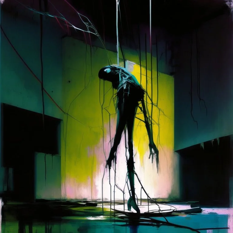 Minimal abstract oil painting of a person limbs sinew. in concrete warehouse brutalist architecture and hanging wires illuminated at night. With triadic colours. In the style of Justin Mortimer and Phil Hale, Ashley Wood