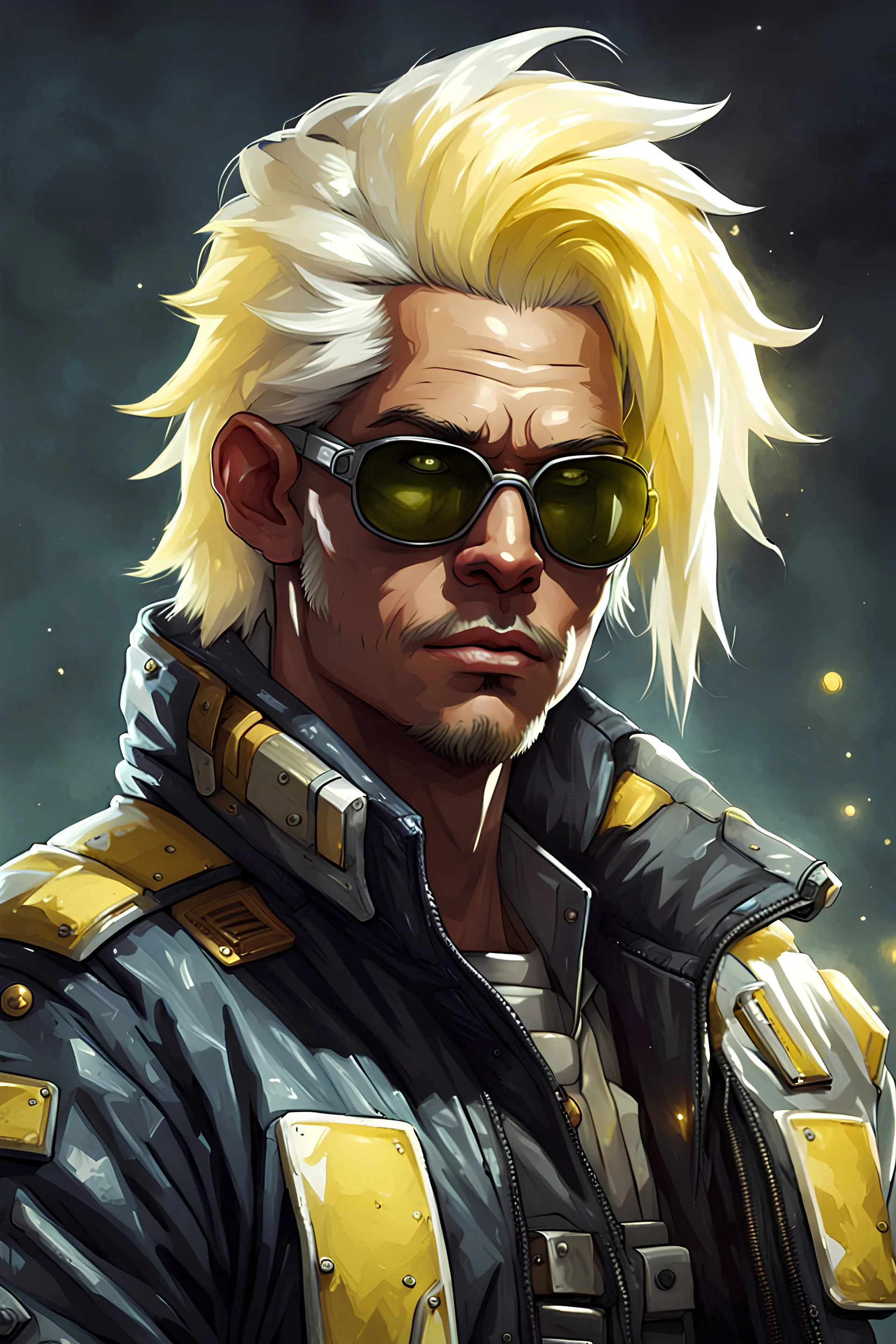 High Quality Science Fiction Character Portrait of an bounty hunter with White-Yellow Hair in a Bomber Jacket.
