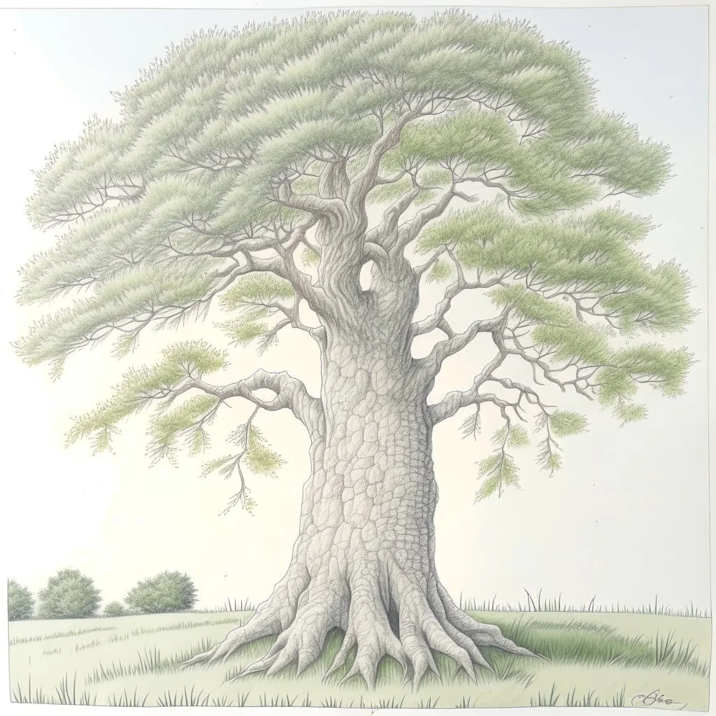 tree, colored pencil drawing, realistic, serene, landscape, detailed