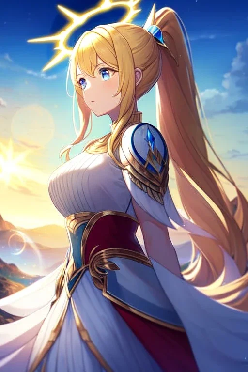 girl, masterpiece, best quality, cinematic lighting, detailed outfit, vibrant colors, perfect eyes, golden hair, long hair, ponytail, blue eyes, valkyrie, halo, white wings, landscape, sun, light rays, god rays, lens flare, looking down,