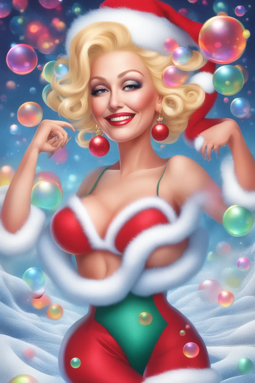 Christmas Themed -- text "Merry Christmas," Multicolored 3D Bubbles, multicolored, Floating 3D hearts with an electrical current, fog, clouds, somber, ghostly mountain peaks, a flowing river of volcanic Lava, fireflies, a close-up, portrait of Dolly Parton as Mrs. Santa Claus, smiling a big bright happy smile, wearing a red bikini with white ruffles, black fishnet stockings, black, knee-high platform boots, in the art style of Boris Vallejo