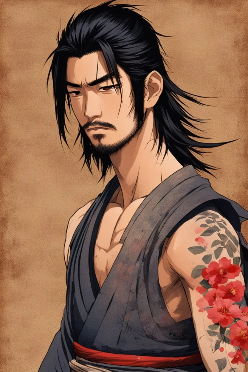 A Young Man who is a Samurai, he has scars, cuts, and marks on his body. His body looks war torn, and he is missing his left arm from his shoulder. He has long black hair and has a stuble for facial hair.