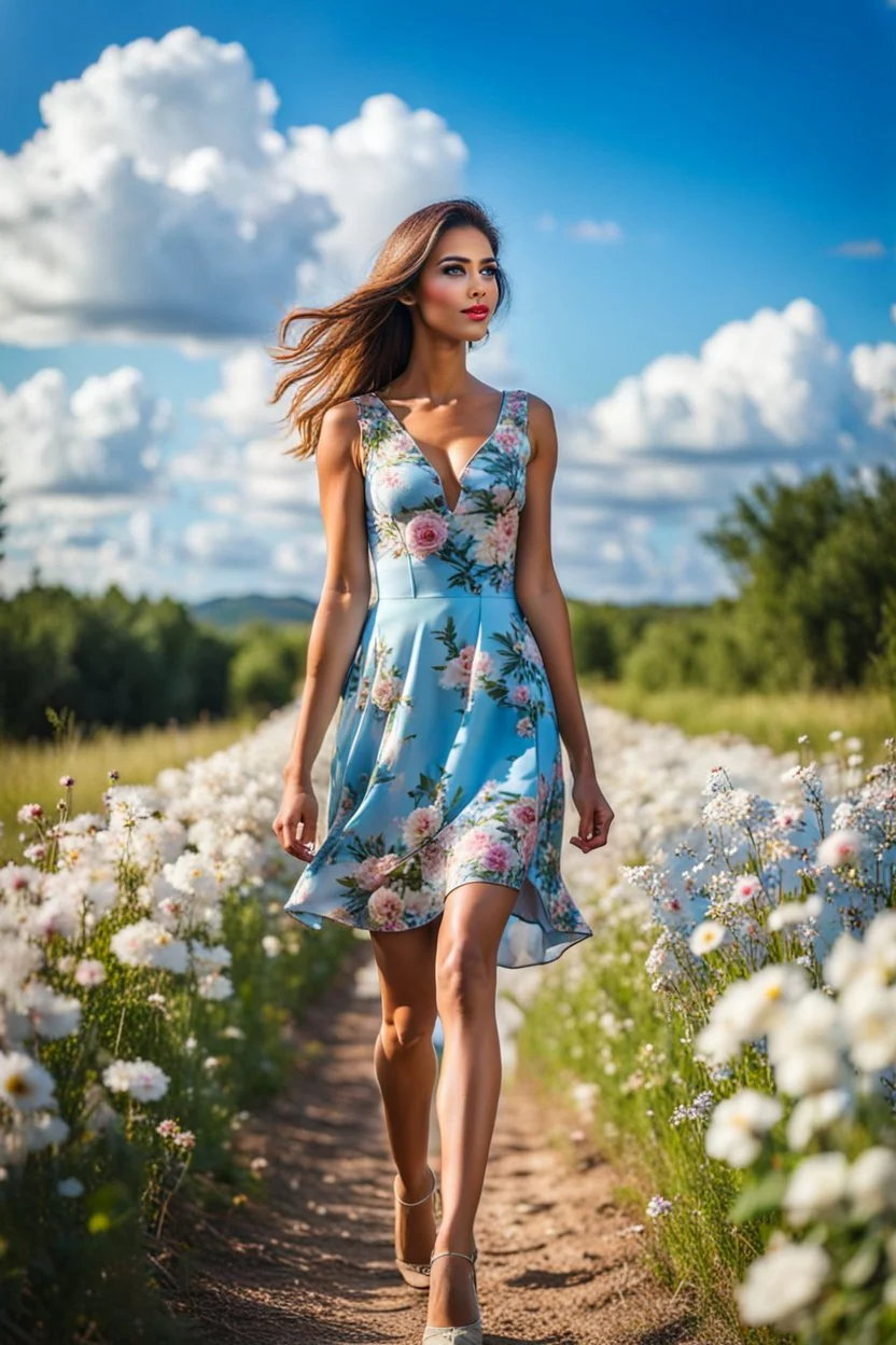 fullbody girl makeup wearing a floral short dress walking in country side ,flowers ,pretty clouds in blue sky