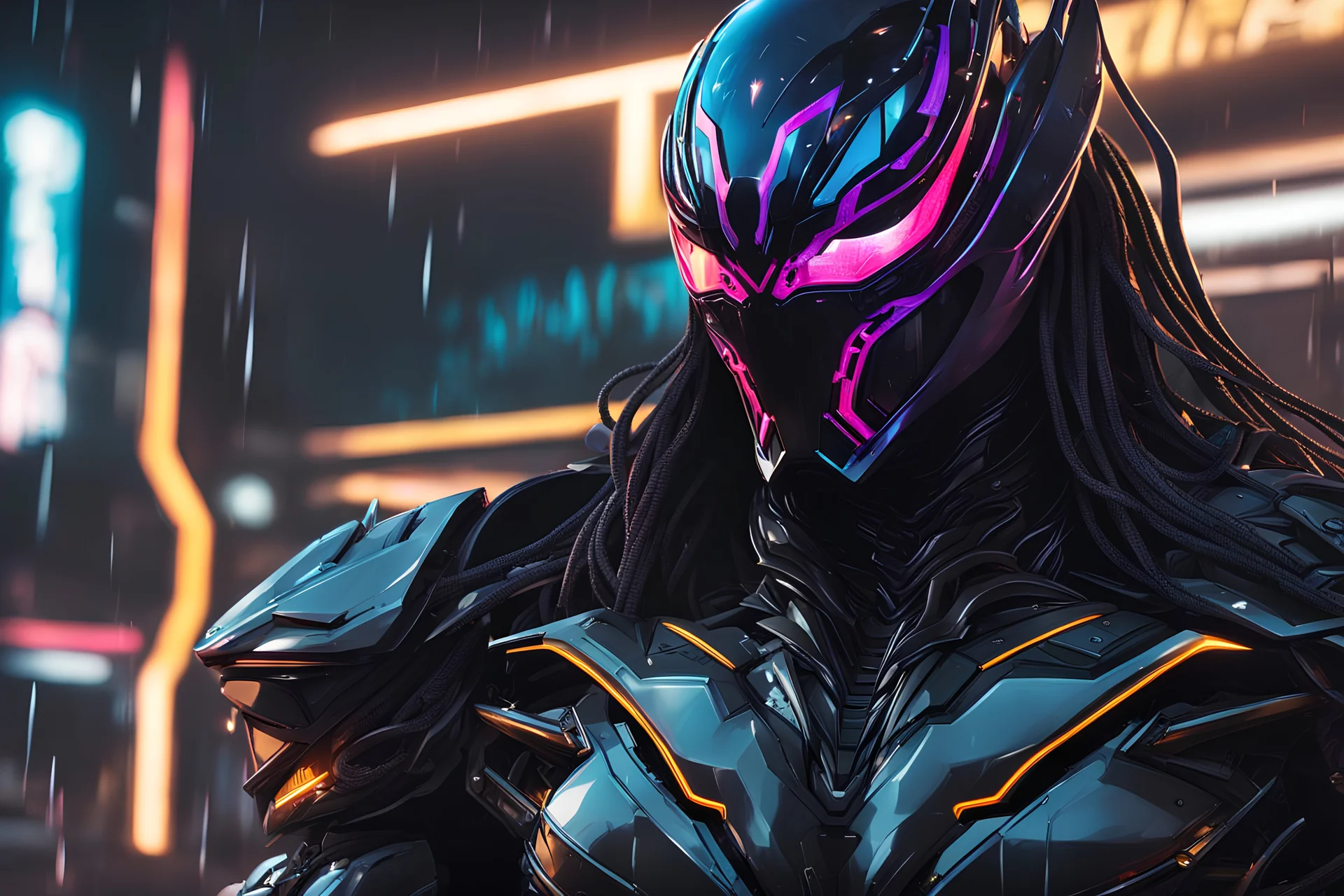 Venom Shredder machine in 8k solo leveling shadow artstyle, sombra them, close picture, rain, Shredder helmet, neon lights, intricate details, highly detailed, high details, detailed portrait, masterpiece,ultra detailed, ultra quality