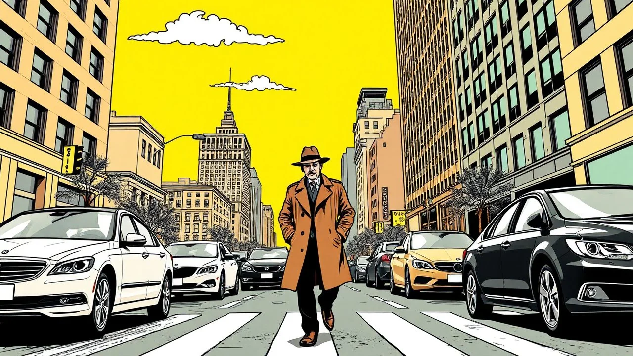 A man walks through a busy city street, with cars and buildings surrounding him. The style is reminiscent of a comic book, with bold lines and vibrant colors. The man is in the foreground, walking across a crosswalk. He is wearing a trench coat and a hat, and he has a cigarette in his mouth. The cars are parked on either side of the street, and the buildings are tall and imposing. The sky is a bright yellow, and there are a few clouds in the sky. The overall impression is one of a bustling, ener