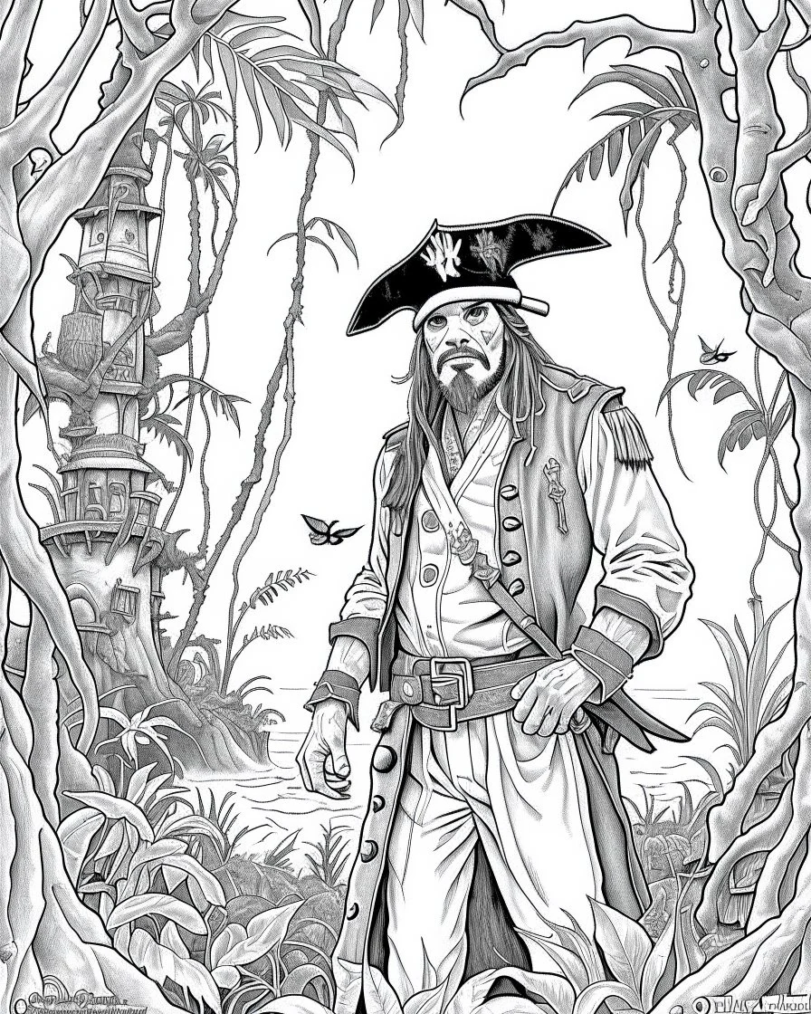 Pirates of the Caribbean: Jack Sparrow's Jungle Adventure Coloring Page: Design an adventurous coloring page inspired by the Pirates of the Caribbean movie, featuring Jack Sparrow navigating a dense jungle on a quest. Remove black color backgrounds and lines as much as possible, allowing kids to focus on coloring towering trees, wild animals, and hidden paths. This black-and-white canvas invites young artists to bring the excitement of Jack Sparrow's jungle exploration to life in their imaginati