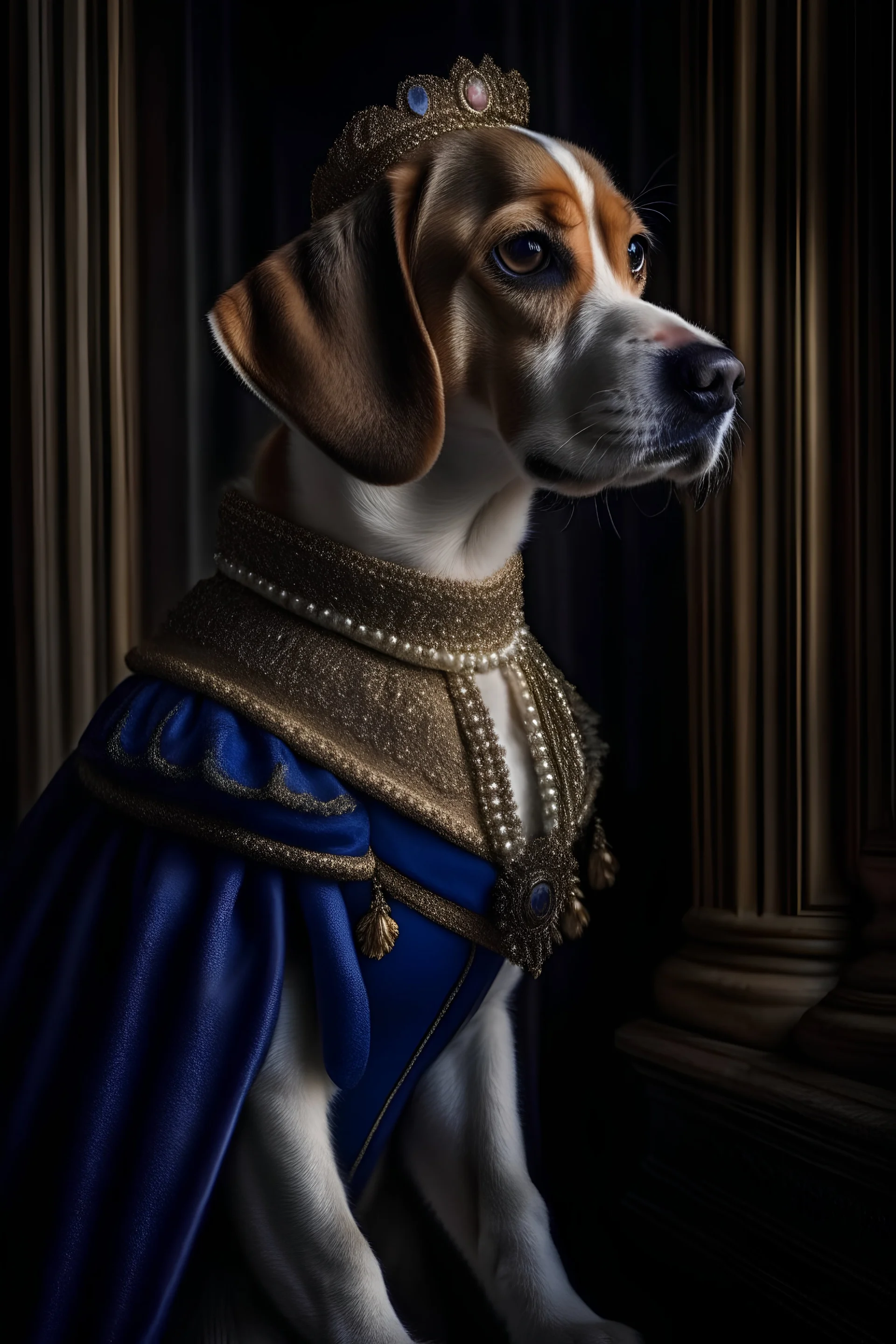 Ultra realistic photo of a small beagle Queen of France, posing proudly in her finery despite her sadness, mid body. Cinematic, rococo style, hyper-realistic photo by Marta Bevacqua.