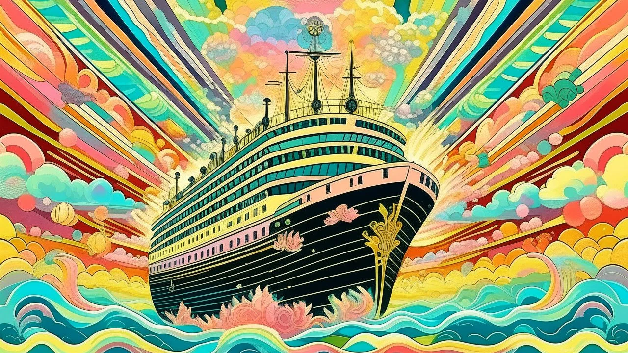 Imagine a majestic, vintage-inspired ocean liner, adrift in a whimsical, dreamlike atmosphere. The ship’s Art Deco silhouette stands out against a vibrant, cotton-candy-colored sky, as if the sun has dissipated, leaving behind a kaleidoscope of pastel hues. Soft, feathery clouds resemble puffs of smoke, drifting gently across the horizon. The ship’s hull is a warm burnished gold, adorned with intricate, curving filigree that shimmers like moonlit waves. Delicate, lace-like railings and ornate la