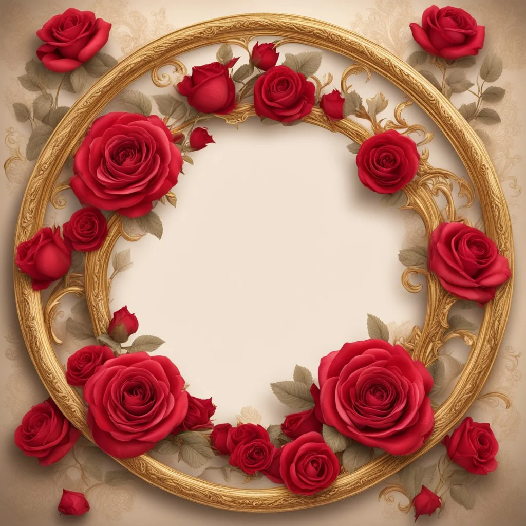 round Golden frame with red and roses