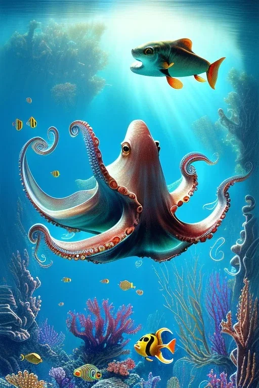 underwater scene, one octopus, beautiful colors, fish, very fine detail, a mermaid, high quality, mystical, romanticism, intricate, Neo-Impressionism,