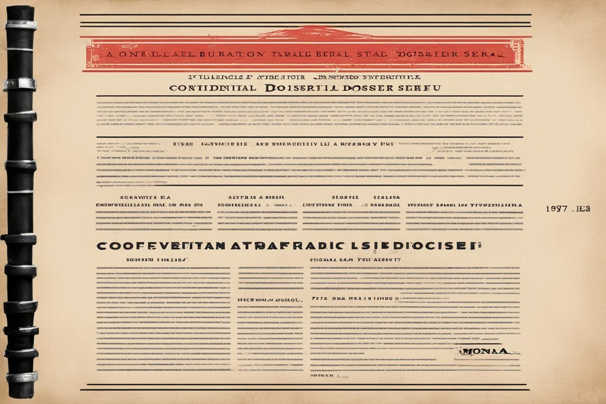 A vintage confidential dossier character sheet, styled as a 1930s intelligence bureau file printed on aged ivory paper with archival wear. Layout: large distressed red brush-lettered name "MONA LISA" in the upper left small black typewriter text above it reading "CONFIDENTIAL DOSSIER." faded red stamped file code beside the header: FILE No. ML-37-Ω black typewriter underline rules alias line beneath the name: AKA: The Crimson Courier small illustration of an Ouroboros alongside a discreet intell