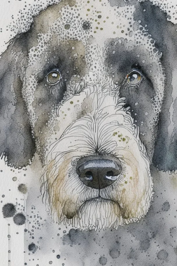 Abstract wet watercolour of the head of a black and white bernadoodle, ink lines, interlinked circles, detailed,focus on eyes, watercolour paper