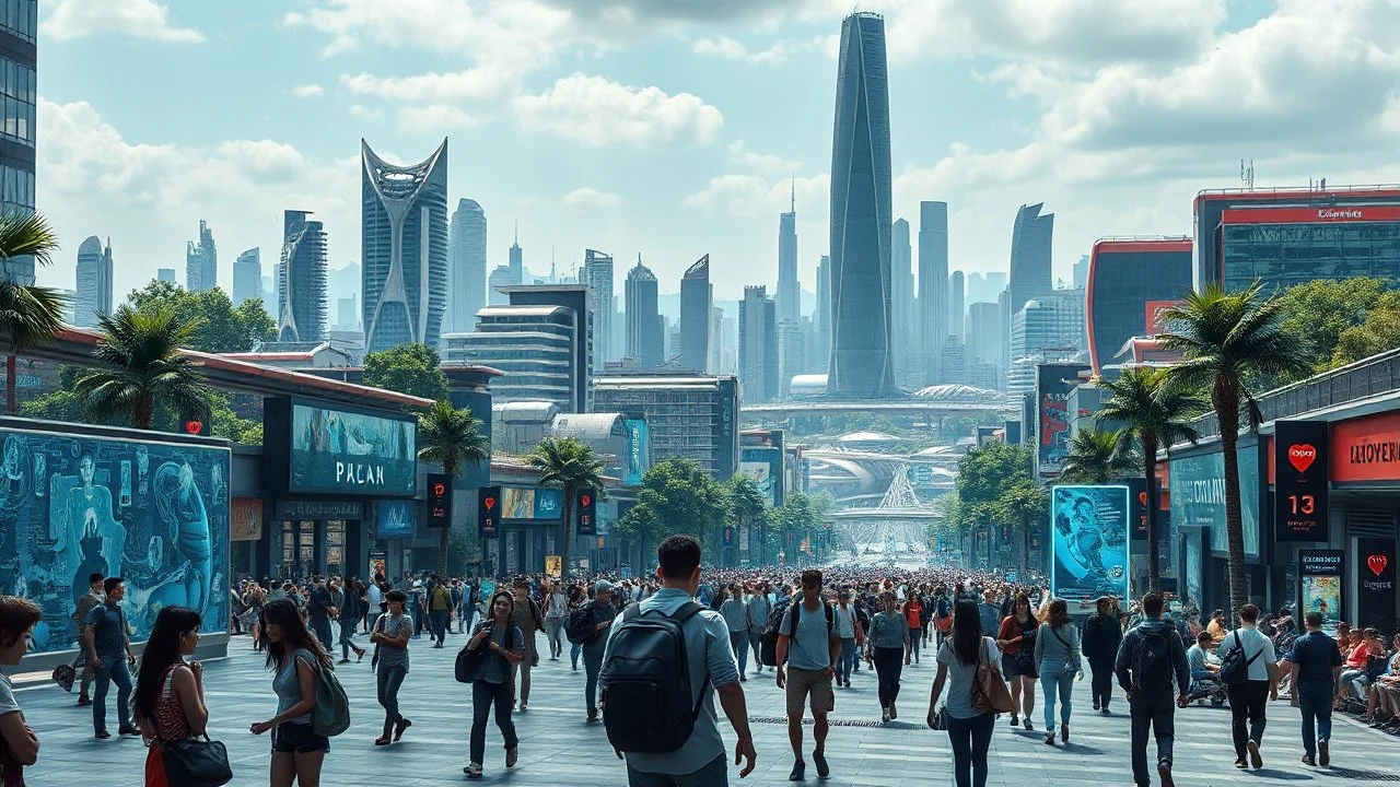 A futuristic scene depicting the bustling heart of a 2080 city center. The foreground features a diverse array of photorealistic individuals engaged with innovative, tech-enhanced elements - holographic displays, autonomous transportation, immersive public art. In the background, a panoramic vista of the larger city skyline - towering organic skyscrapers, elevated transit, verdant green spaces. Convey a sense of scale, depth and awe-inspiring technological wond