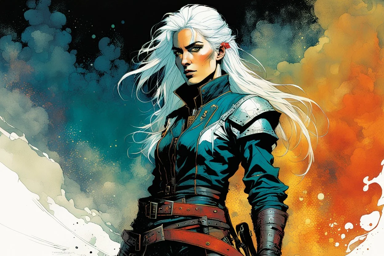 create an imaginative full body print illustration of an ethereal, otherworldly , ghost haired, elven female grandmaster Witcher in a tattered leather doublet and boots , in the comic book art style of Bill Sienkiewicz, Mike Mignola, and Jean Giraud Moebius, with highly detailed feminine facial features , finely drawn, colored and inked,