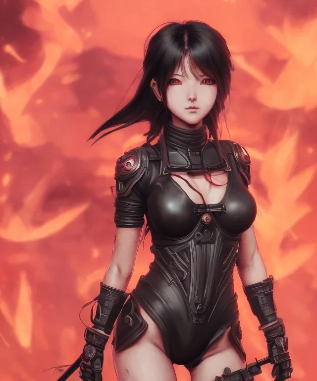 Detailed cute anime Kunoichi female demon looking in a fire ,bodysuit, intricate details, full body portrait, keep head in frame, slight smile, black Japanese motif, concept art, highly detailed, digital painting, concept art, sharp focus, illustration, art by Yoji Shinkawa, WLOP and greg rutkowski and alphonse mucha and artgerm and yanjun Chen and Junji ito and Makoto Shinkai, HDR, octane render