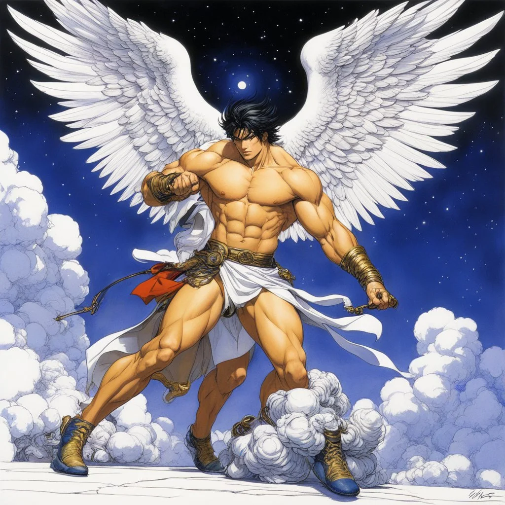 (in the style of Orion, by Masamune Shirow) Jacob wrestling with angel