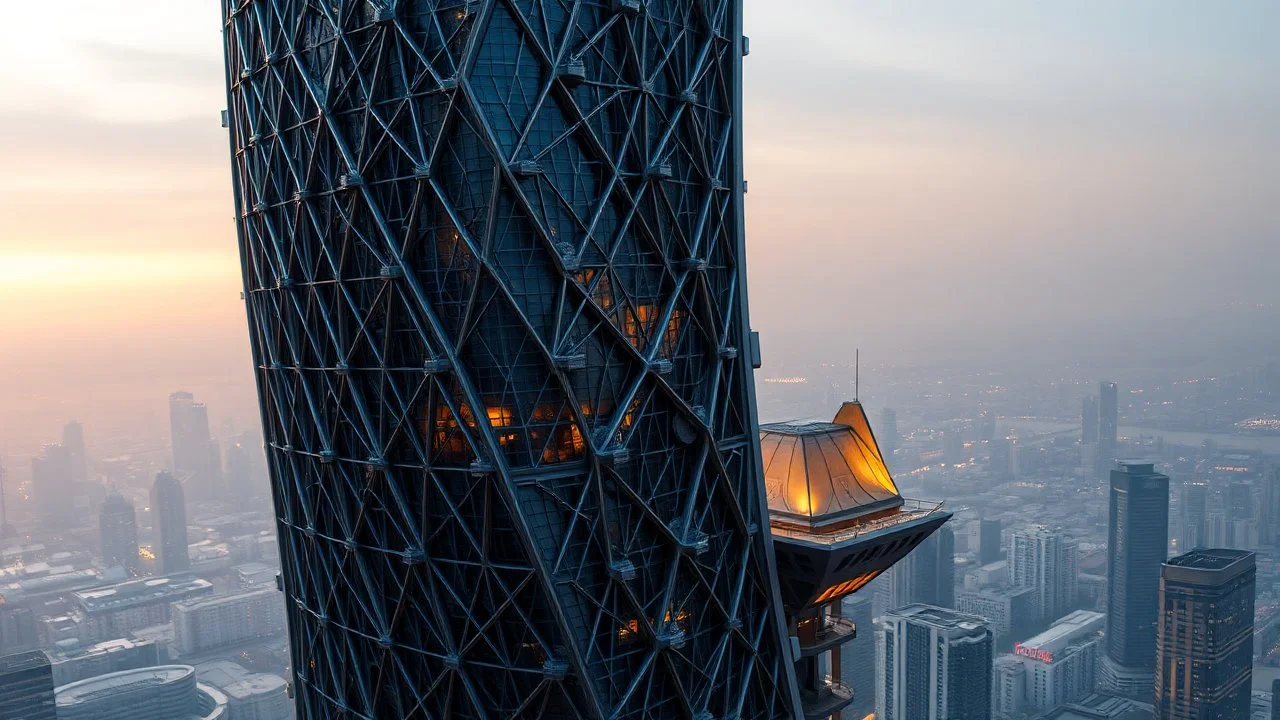 A futuristic, curved skyscraper with a mesh of interconnected metallic latticework and a series of angular, geometric protrusions, evoking the intricate, industrial beauty of Jaroslaw Jasnikowski's architectural illustrations, with a predominantly metallic color scheme, set against a backdrop of a hazy, urban cityscape at dusk.