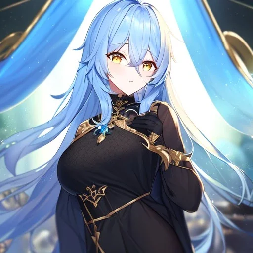 Clear focus, High resolution, Long light blue fluffy hair, hair between eyes, yellow eyes, wearing black fabric shorts, detailed outfit, blue and black outfit, gold accessory