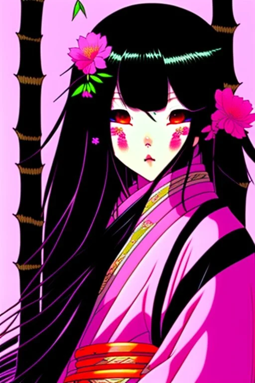 Cute Japanese girl, with pink eyes, dressed in her pink kimono and a black haori, black long hair with reddish tips, a piece of bamboo covering her mouth, drawing manga style, vibrant colors, in a manga book cover
