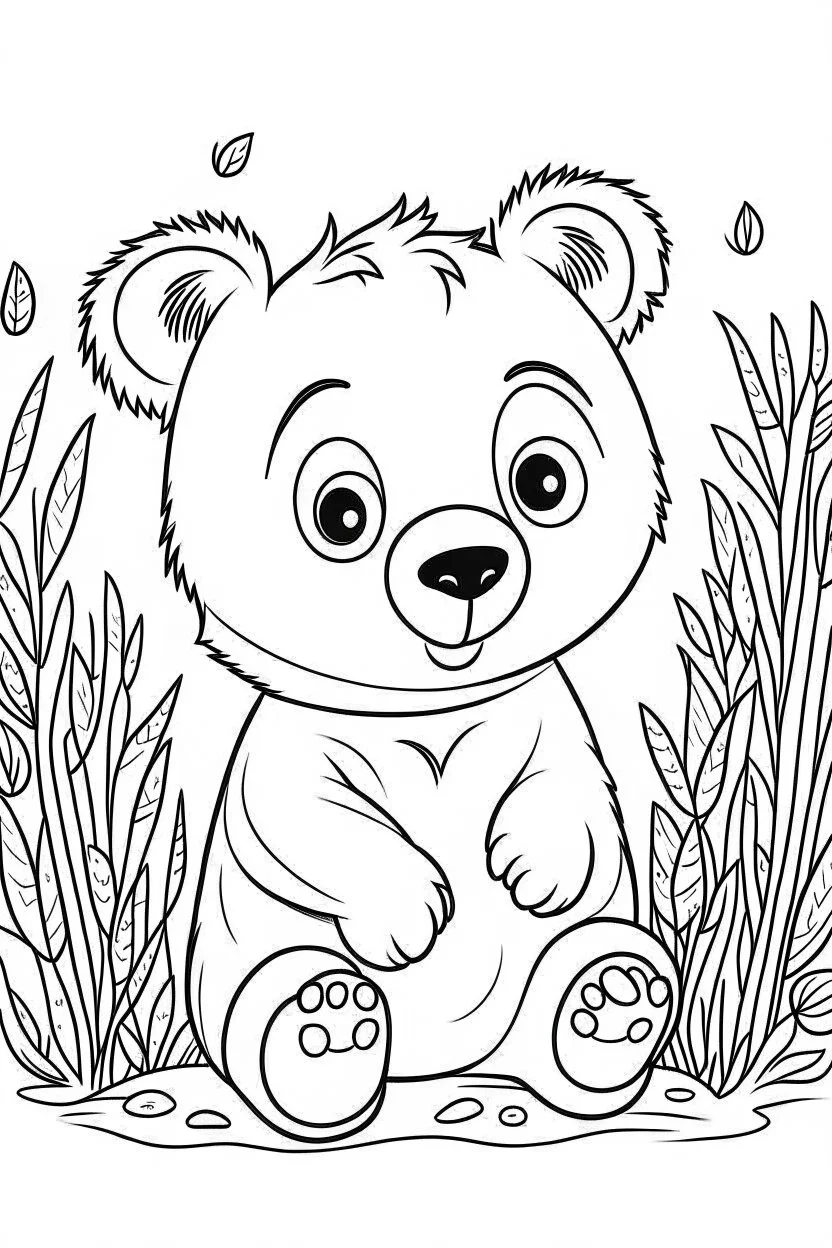 cute coloring page, sketch style, cute baby bearin the wood, cute cartoon, white and black, withe background, no shadows, outline.