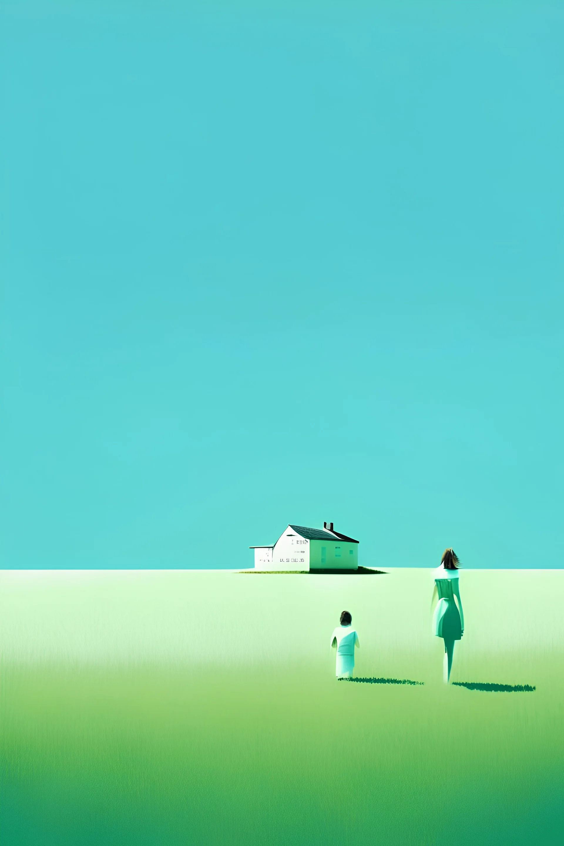 minimalist, realism, green, plain, field, home, family, woman, child, old, happy, glad, beautiful, blue sky, sun, borders