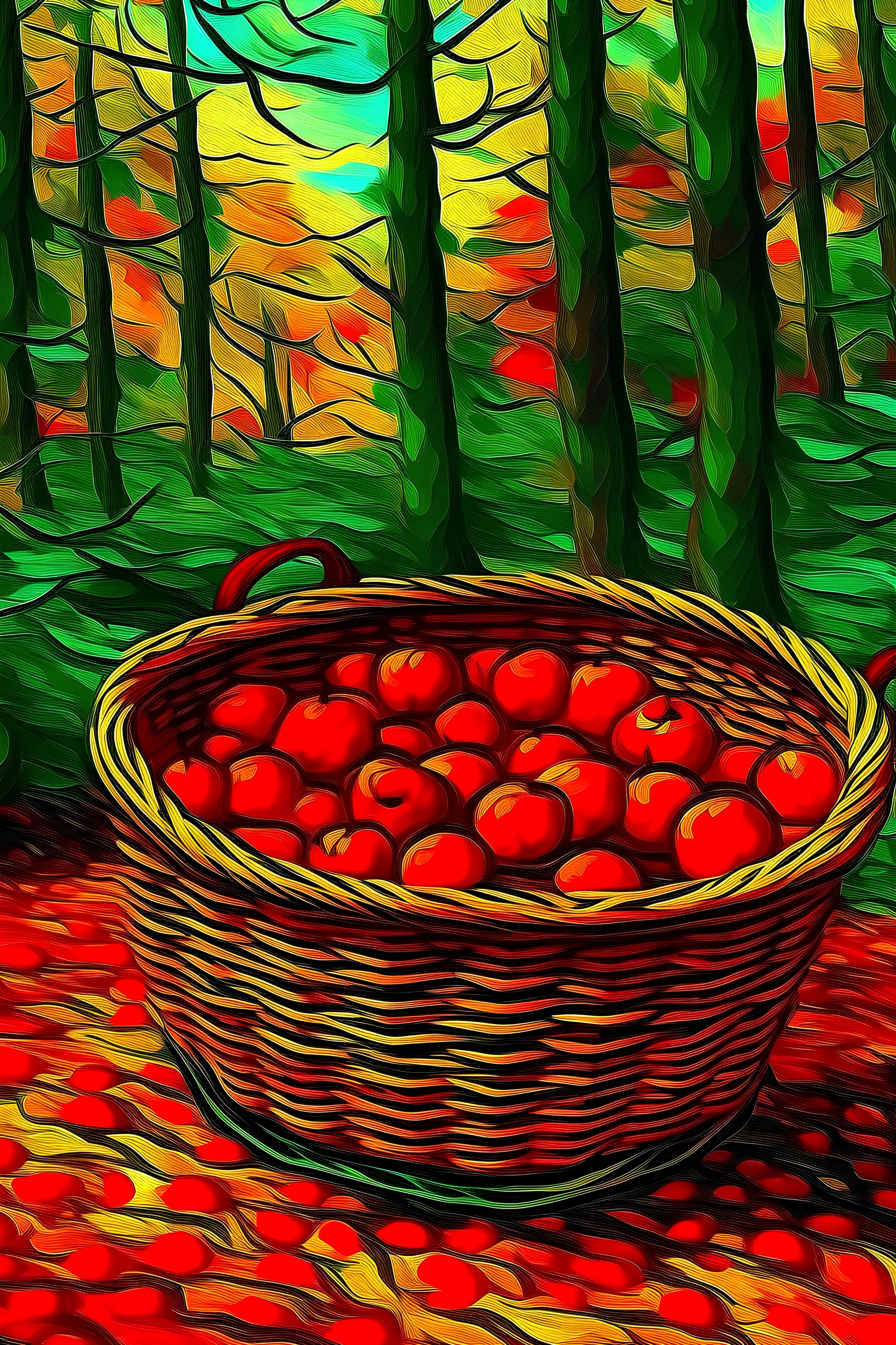 canasta de caperucita roja en primer plano en el bosque estilo van gogh