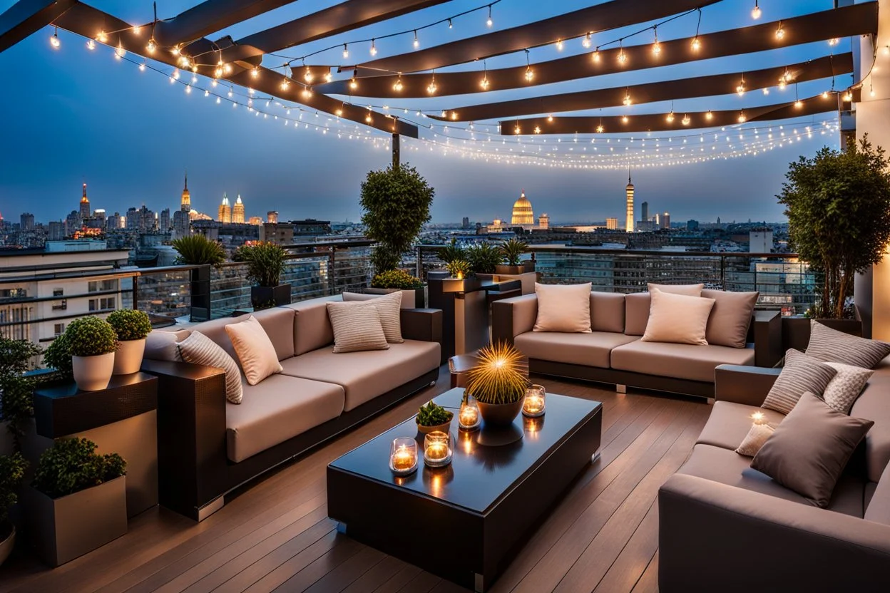 a Roof terrace with sofas, one poof a small table with cocktail and potted plants. The area is lit by string lights, cozy atmosphere. Middle shot from a beauty lady is sitting on the sofa in a nice shiny dress and enjoying the evening atmosphere. the illuminated terrace and the view of the big city in the background makes this environment relaxing and spectacular. high detalied, cinematic